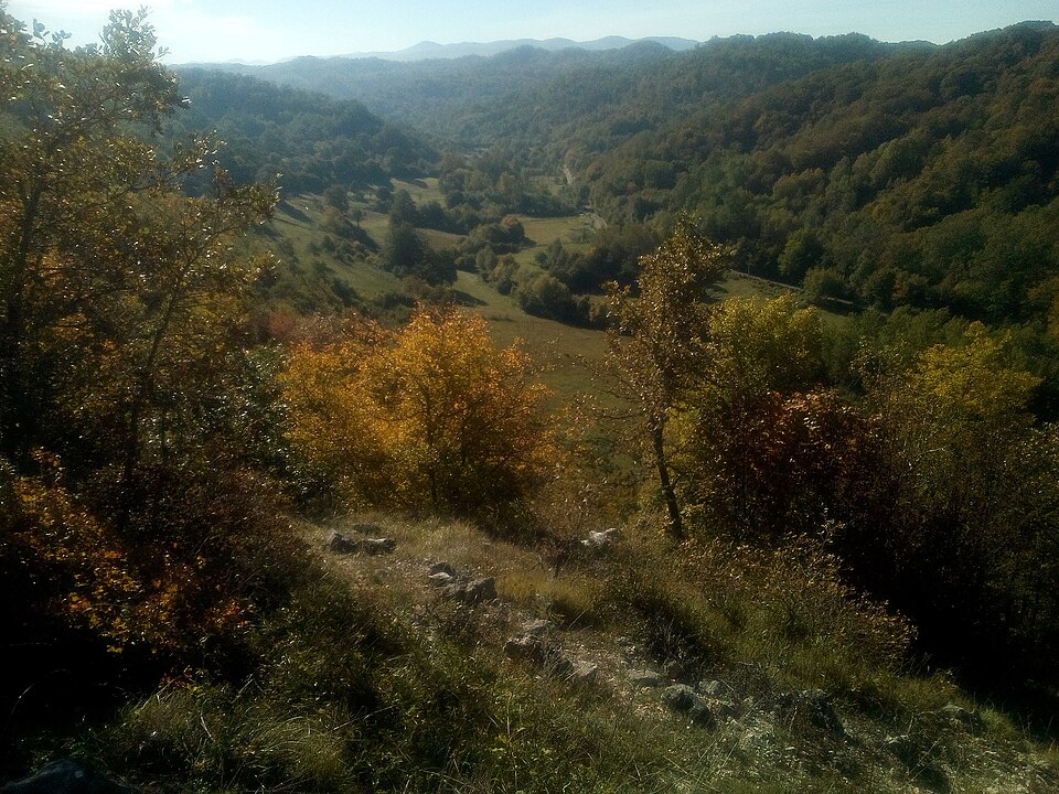 Una valle con prati e colline boscose dai colori autunnali.